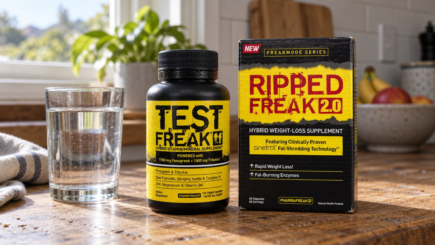 Pharmafreak Test Freak, Ripped Freak and Achilles Freak 300 lined up on a gym bench