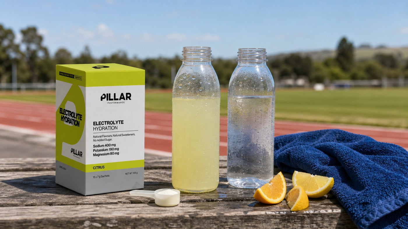 Electrolyte drink and plain water compared beside a scoop and training towel