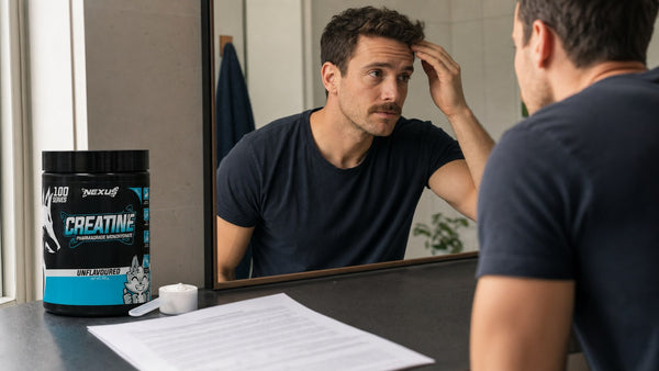 Man checking his hairline beside a creatine tub and research paper
