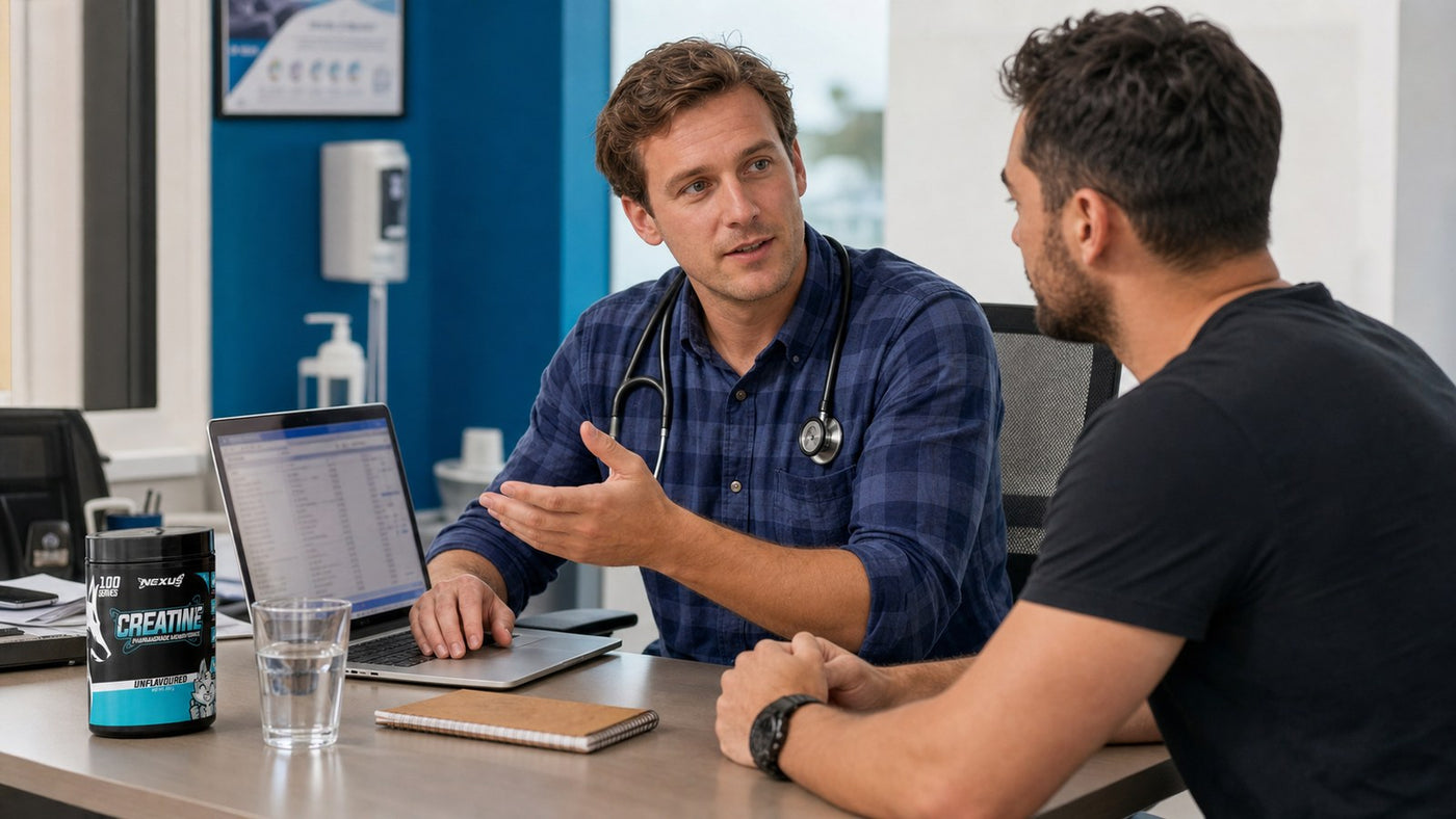Athlete discussing a creatine tub and kidney blood-test report with a healthcare professional
