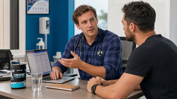 Athlete discussing a creatine tub and kidney blood-test report with a healthcare professional