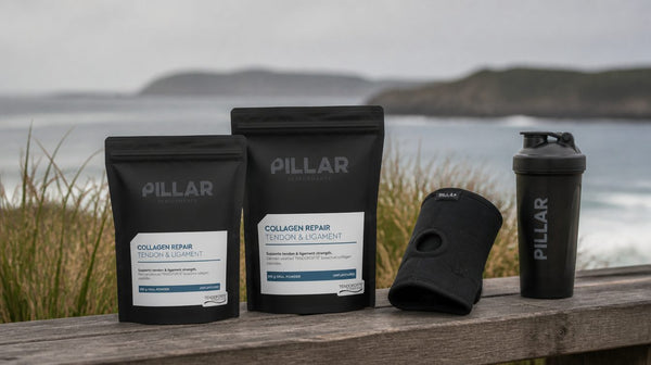 Pillar Performance Collagen Repair 250g and 510g tubs beside a knee sleeve and a shaker