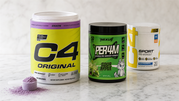 Cellucor C4 Original 50-serve tub with a scoop of purple powder next to Nexus PER4M and C4 Sport pre-workouts