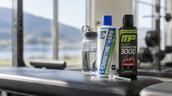 Two liquid L-carnitine bottles and a measuring spoon on a gym bench beside a water bottle