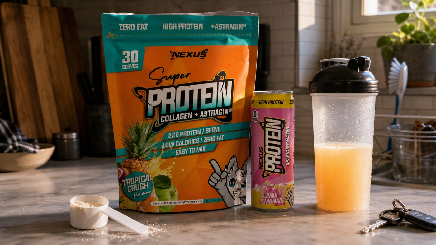 Best Protein Water NZ - Nexus Super Protein - Tropical Crush, Nexus Super Protein Sparkling Water - Pink Lemonade, Inspired Protein Water - Passionfruit