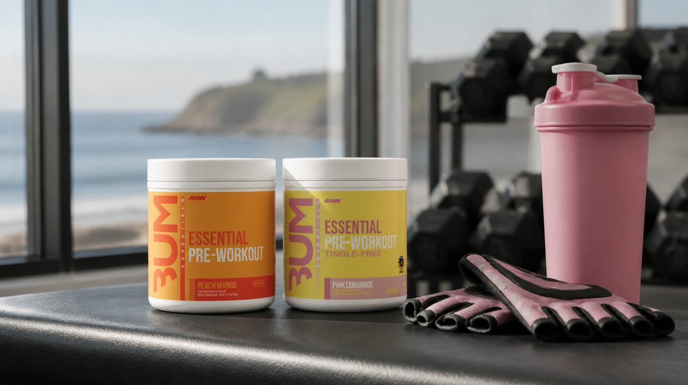 CBUM Essential and Raw Essential Tingle-Free pre-workout tubs on a gym bench beside lifting gloves and a pink shaker