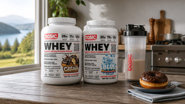 Basic Supplements Whey tubs in Boston Cream Donut, Blue Marshmallow and Churros flavours