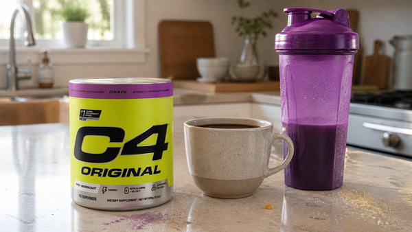Cellucor C4 Original Grape pre-workout beside a long black coffee and purple shaker in a home kitchen