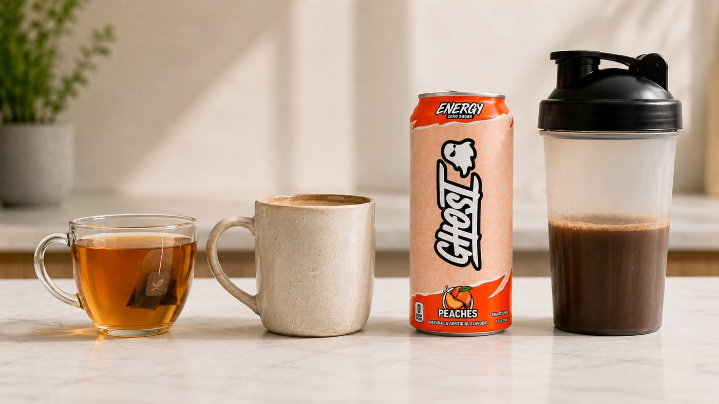 Tea, coffee, a Ghost Energy can and a shaker side by side, comparing caffeine strength across drinks