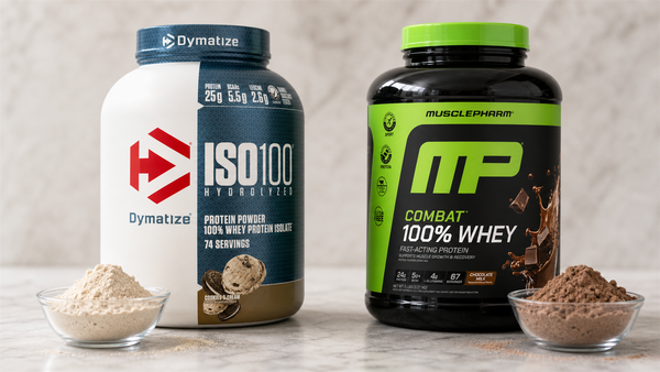 Dymatize ISO100 whey isolate beside MusclePharm Combat whey blend with bowls of fine and coarse protein powder