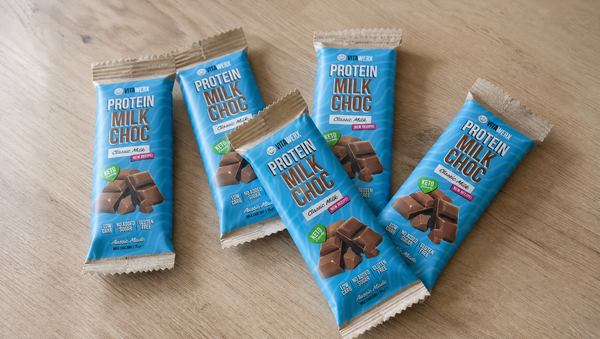 Vitawerx Protein Chocolate NZ - Vitawerx Protein Milk Choc bars, Classic Milk, laid out on a kitchen counter