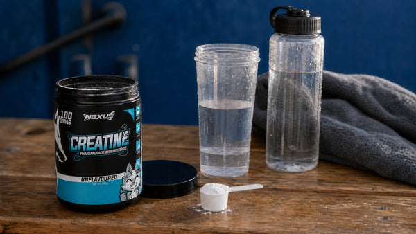 Level scoop of creatine beside a clear shaker and water bottle on a gym bench