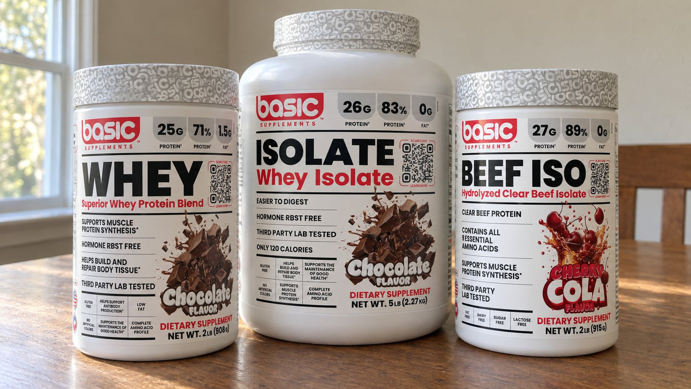 Basic Supplements Chocolate Whey, Chocolate Isolate and Cherry Cola Beef ISO tubs on a table
