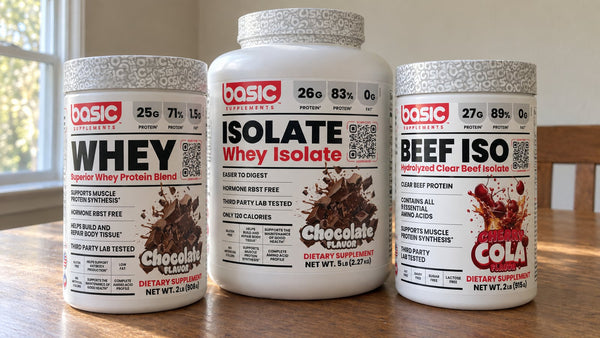 Basic Supplements Chocolate Whey, Chocolate Isolate and Cherry Cola Beef ISO tubs on a table
