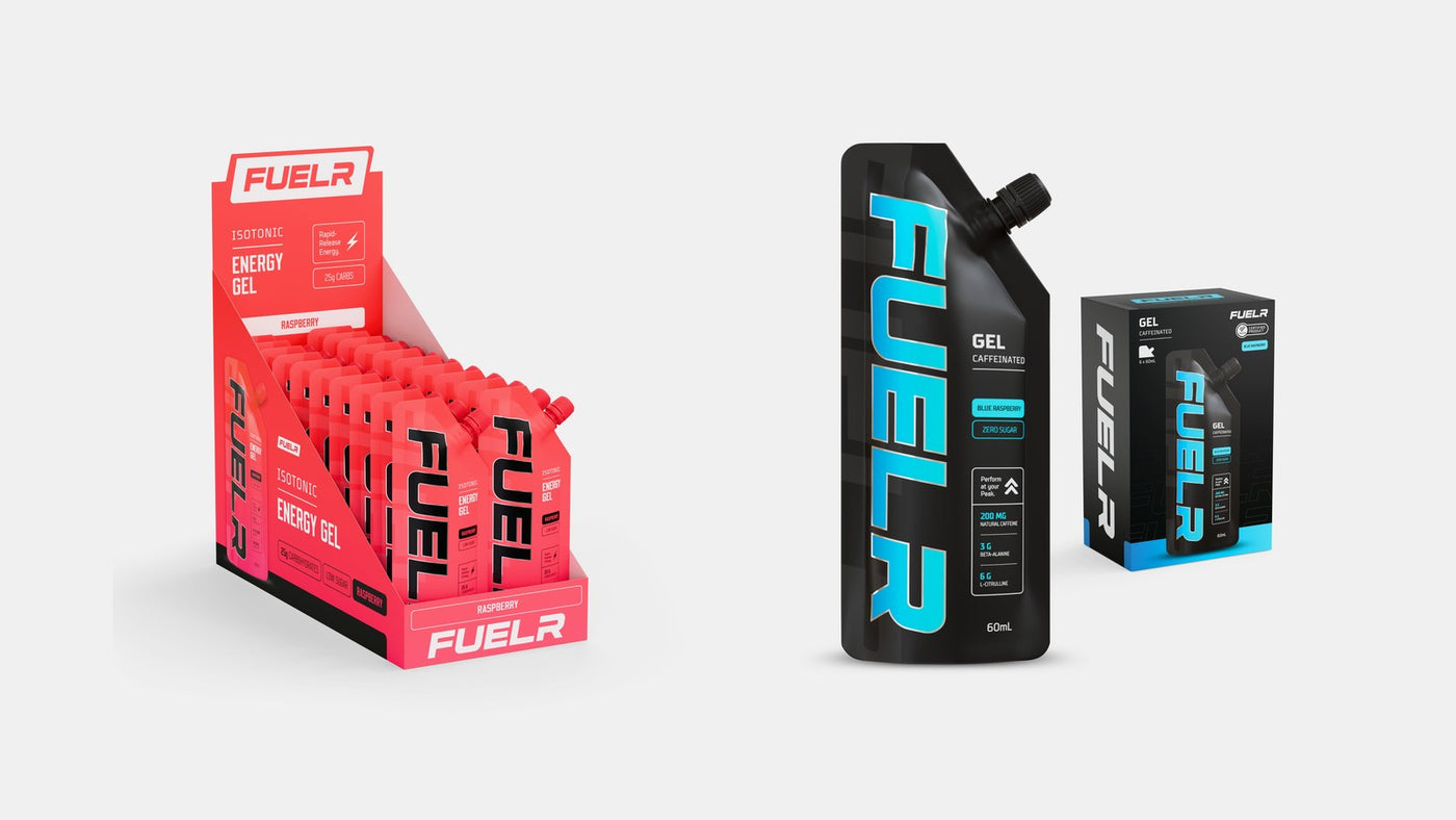 FUELR Isotonic Gel and FUELR Caffeinated Gel product photos