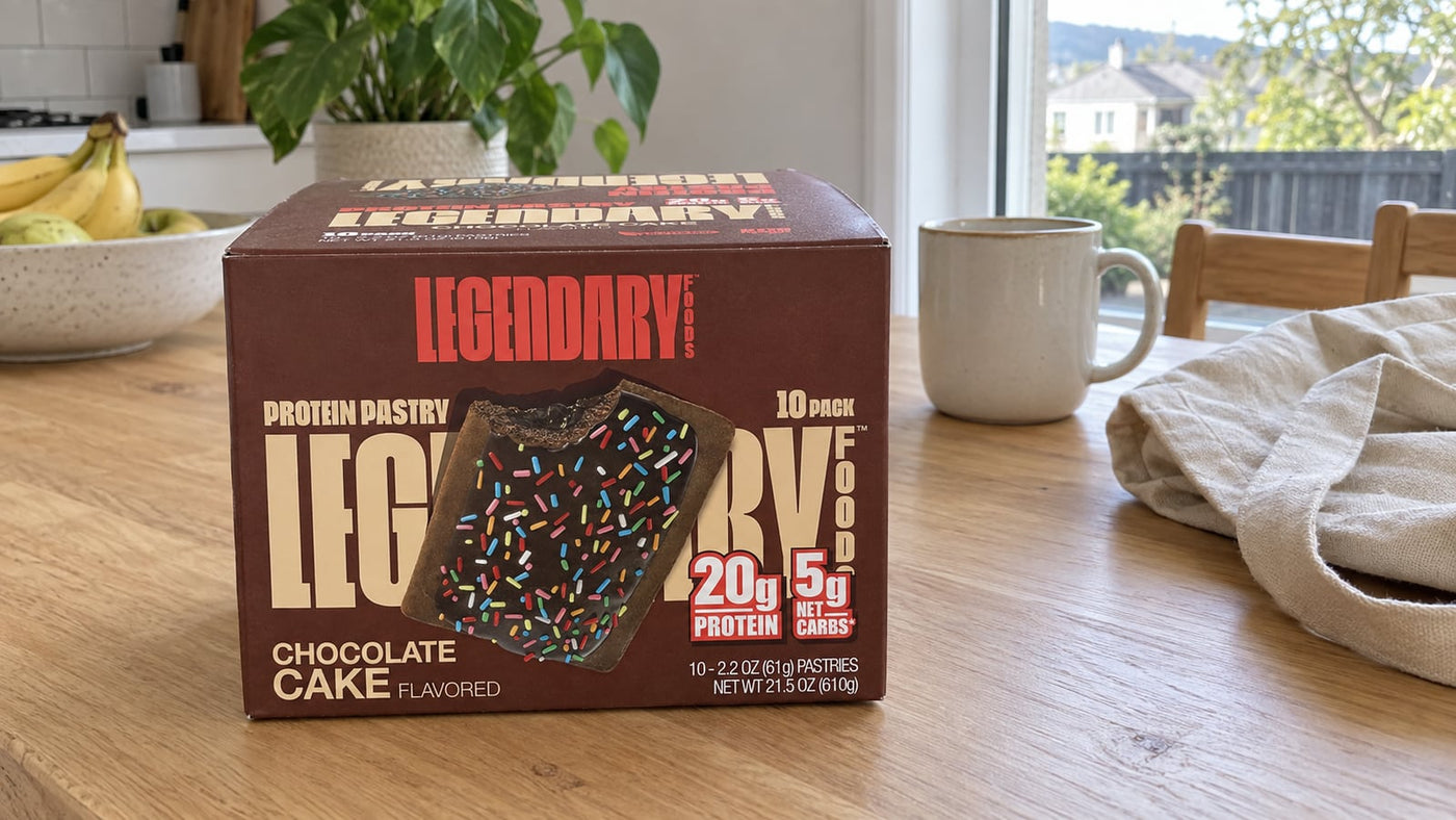 Legendary Foods Chocolate Cake Protein Pastry ten-pack on a kitchen table