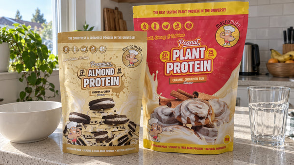Macro Mike Almond Cookies and Cream and Peanut Caramel Cinnamon Bun protein bags on a kitchen counter