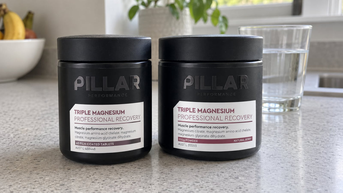 Pillar Triple Magnesium film-coated tablets and Natural Berry powder jars side by side