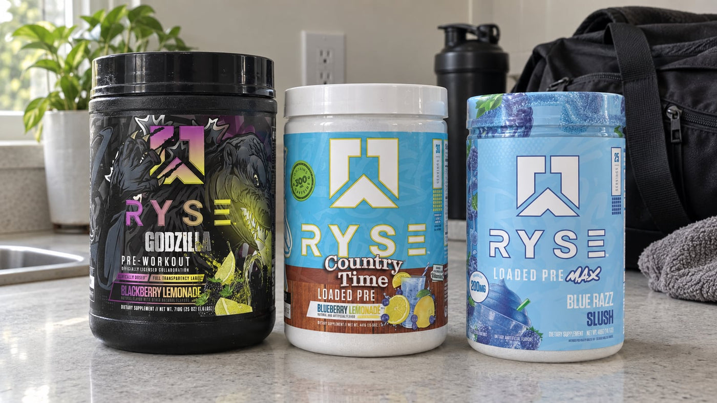 Ryse Godzilla, Country Time Loaded Pre and Blue Razz Slush Loaded Pre Max tubs side by side