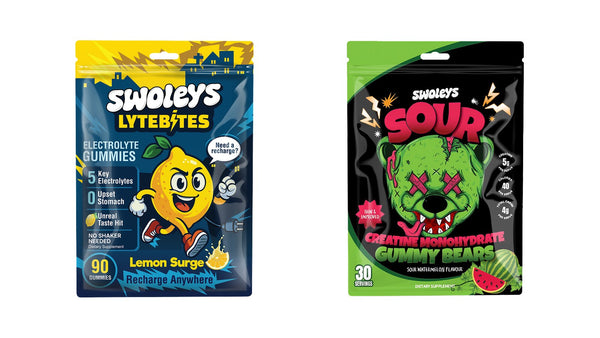 Swoleys Electrolyte Gummies and Swoleys Sour Creatine Gummy Bears product photos