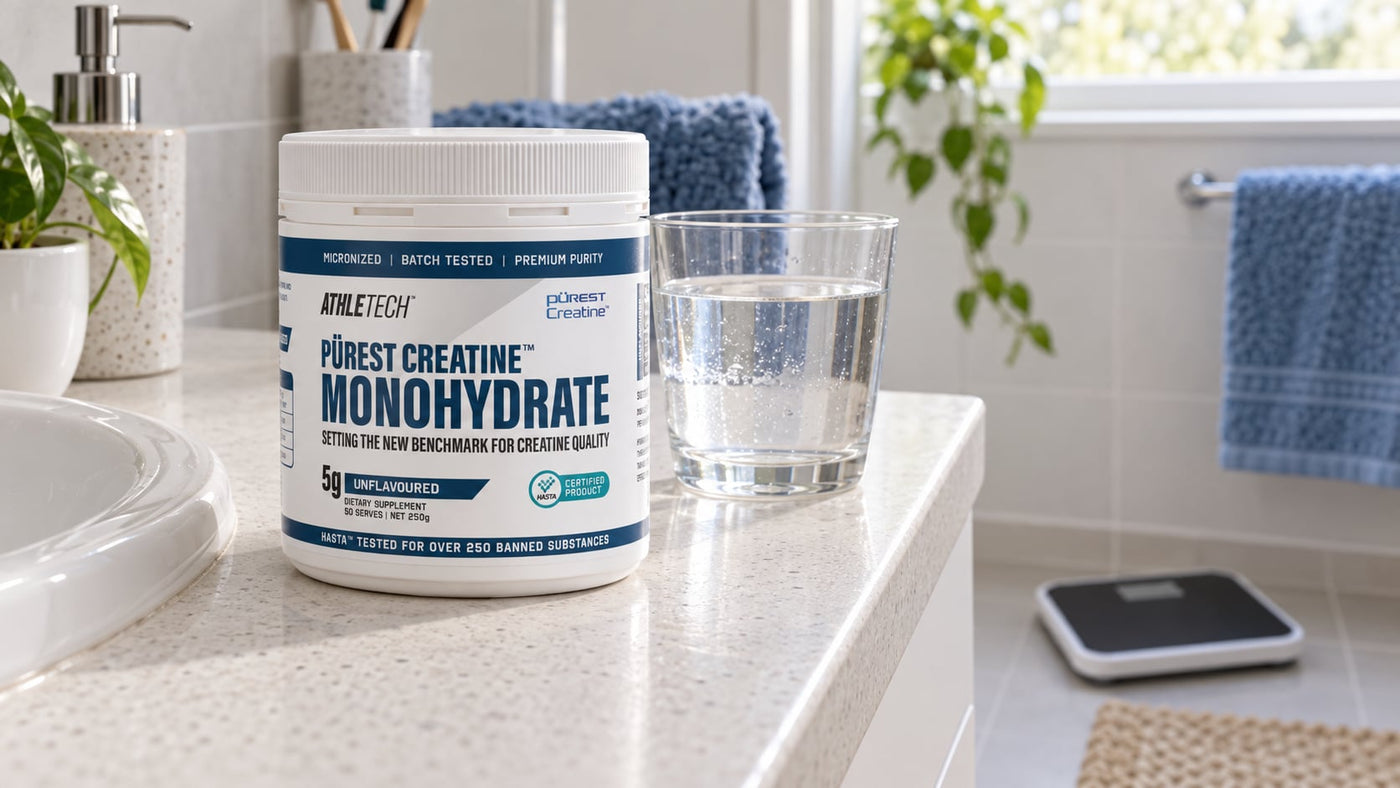 Athletech Purest Creatine Monohydrate on a vanity with a water glass and bathroom scale in the background.