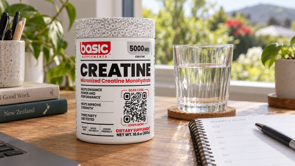 Basic Supplements Creatine beside a weekly planner and water glass on a desk.