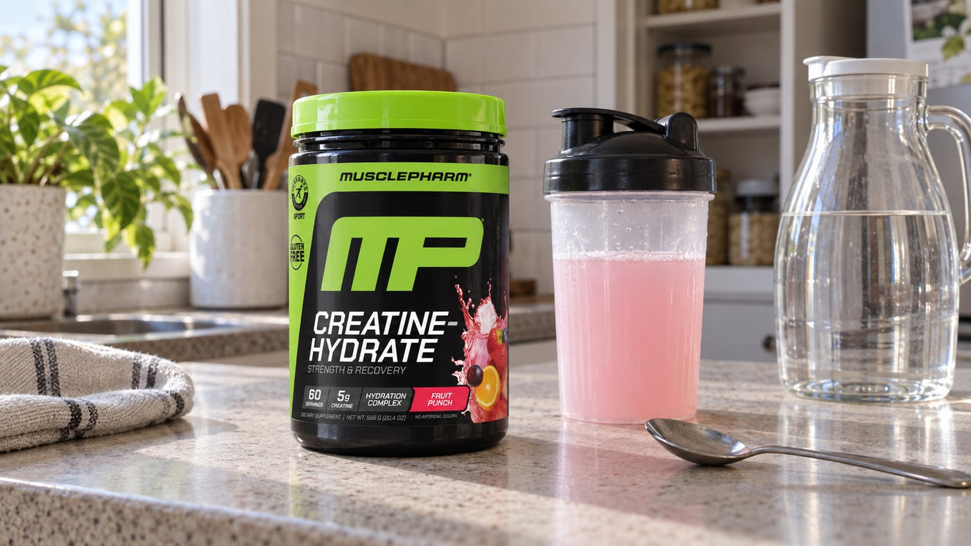 MusclePharm Creatine-Hydrate Fruit Punch beside a freshly mixed drink and water jug on a kitchen bench.