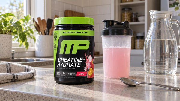 MusclePharm Creatine-Hydrate Fruit Punch beside a freshly mixed drink and water jug on a kitchen bench.