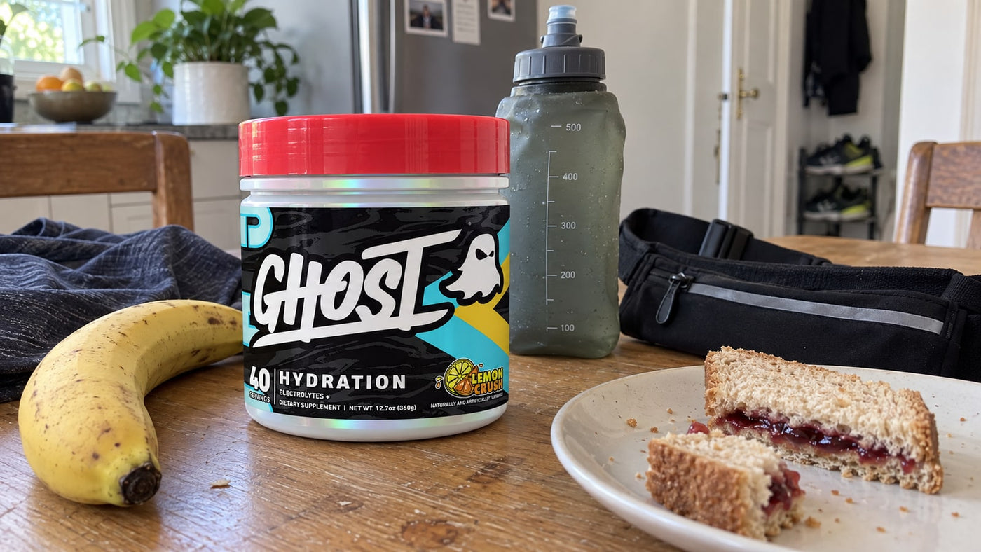 GHOST Hydration Lemon Crush beside a running belt, sandwich and banana.