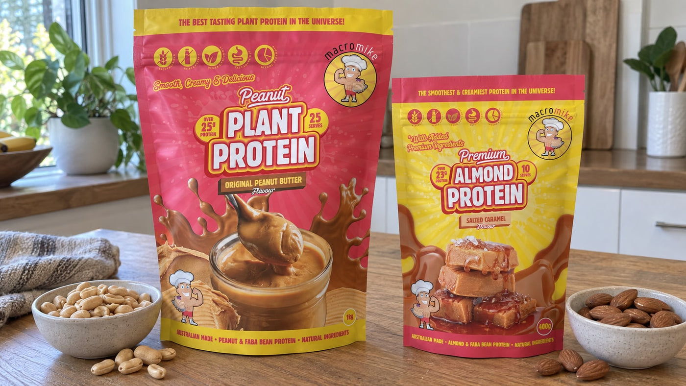 Macro Mike Original Peanut Butter and Salted Caramel Almond Protein with peanuts and almonds.