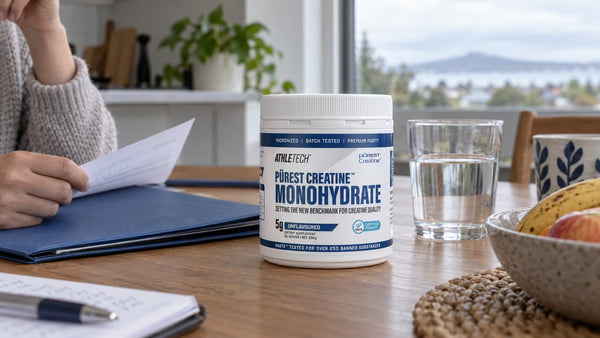 Athletech Purest Creatine Monohydrate beside a blue folder and water at a breakfast table.