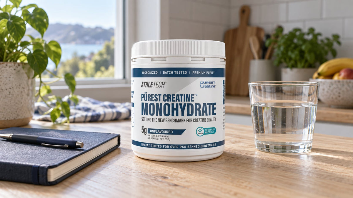 Athletech Purest Creatine Monohydrate tub beside a notebook and water on a kitchen bench.