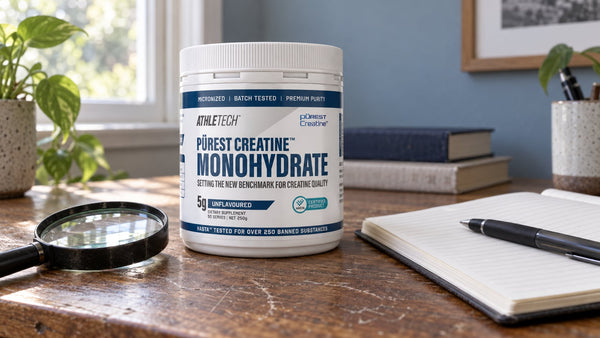 Athletech Purest Creatine Monohydrate beside a magnifying glass and notebook on a desk.