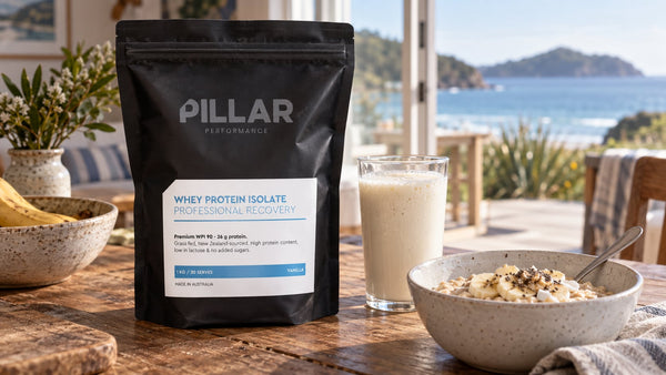 Pillar Performance Vanilla Whey Protein Isolate with oats and a shake at a coastal breakfast table.