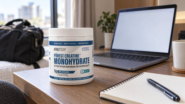 Athletech Purest Creatine Monohydrate beside a laptop and notebook on a travel-apartment desk.