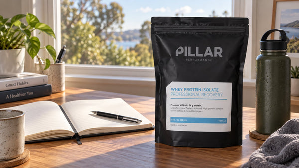 Pillar Performance Vanilla Whey Protein Isolate beside an open planner and water bottle.