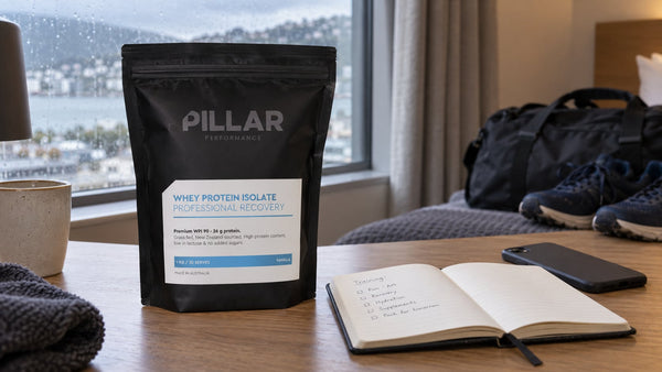 Pillar Performance Vanilla Whey Protein Isolate beside a notebook and phone in a hotel room.