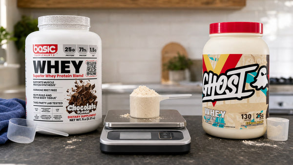 Level scoop of protein powder weighed on a digital kitchen scale beside whey tubs