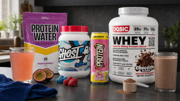 Clear protein water and creamy whey protein shake compared side by side