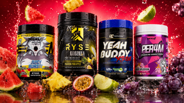 High-stim pre-workout tubs available in NZ - Per4m, Ryse Godzilla, Yeah Buddy Xtreme and Per4m Grape Xplosion