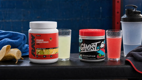 Sugar electrolyte drink and sugar-free electrolyte drink compared beside training gear