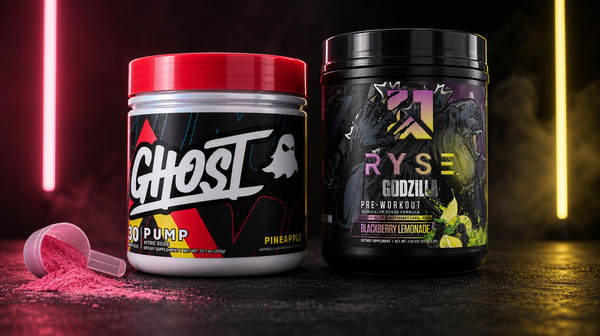 Ghost Pump and Ryse pre-workout tubs