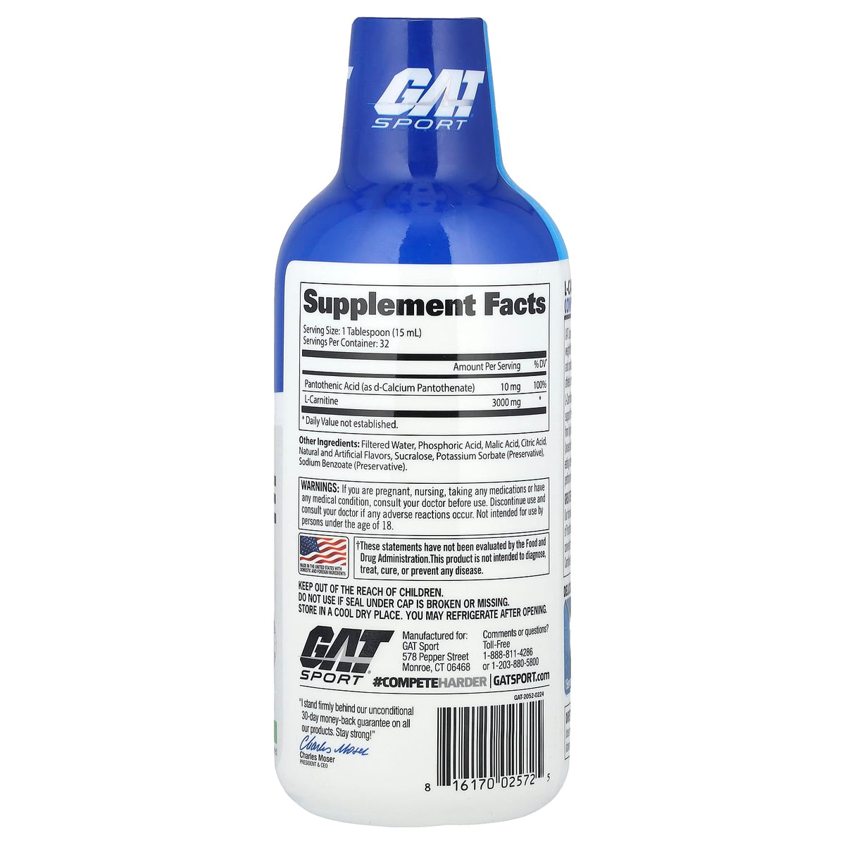 GAT Sport Essentials Liquid L-Carnitine 3000 supplement facts and nutrition panel