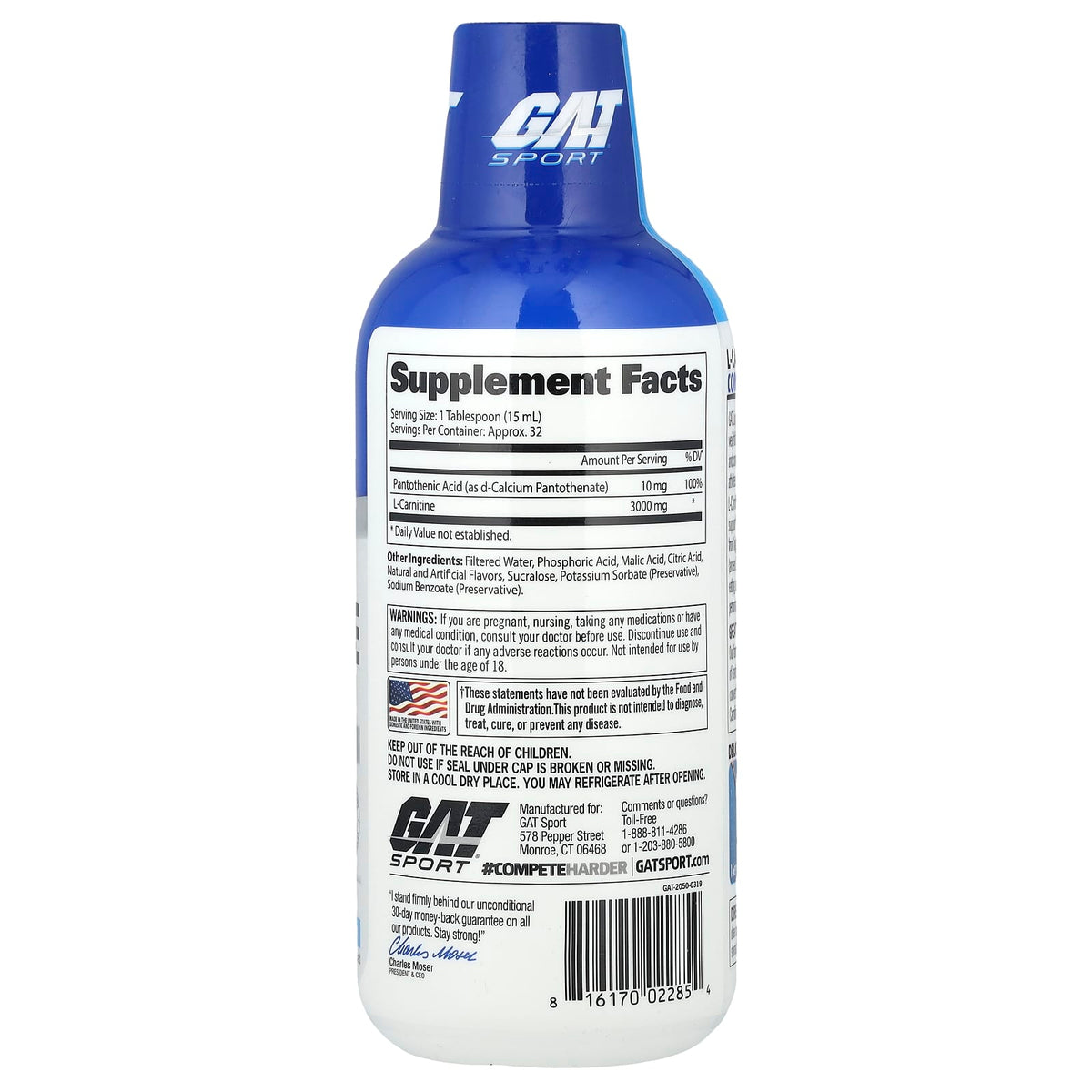 GAT Sport Essentials Liquid L-Carnitine 3000 supplement facts and nutrition panel