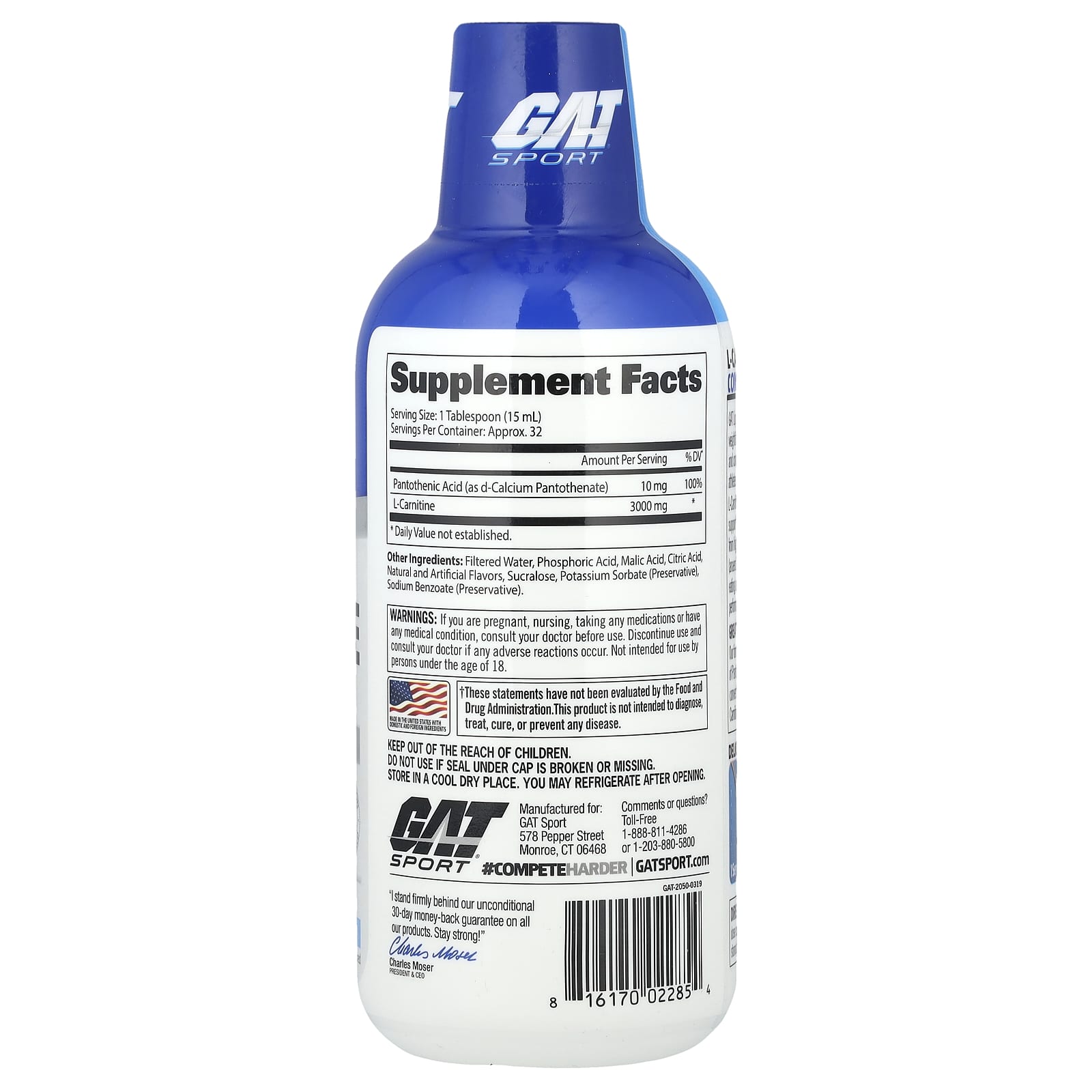 GAT Sport Essentials Liquid L-Carnitine 3000 supplement facts and nutrition panel