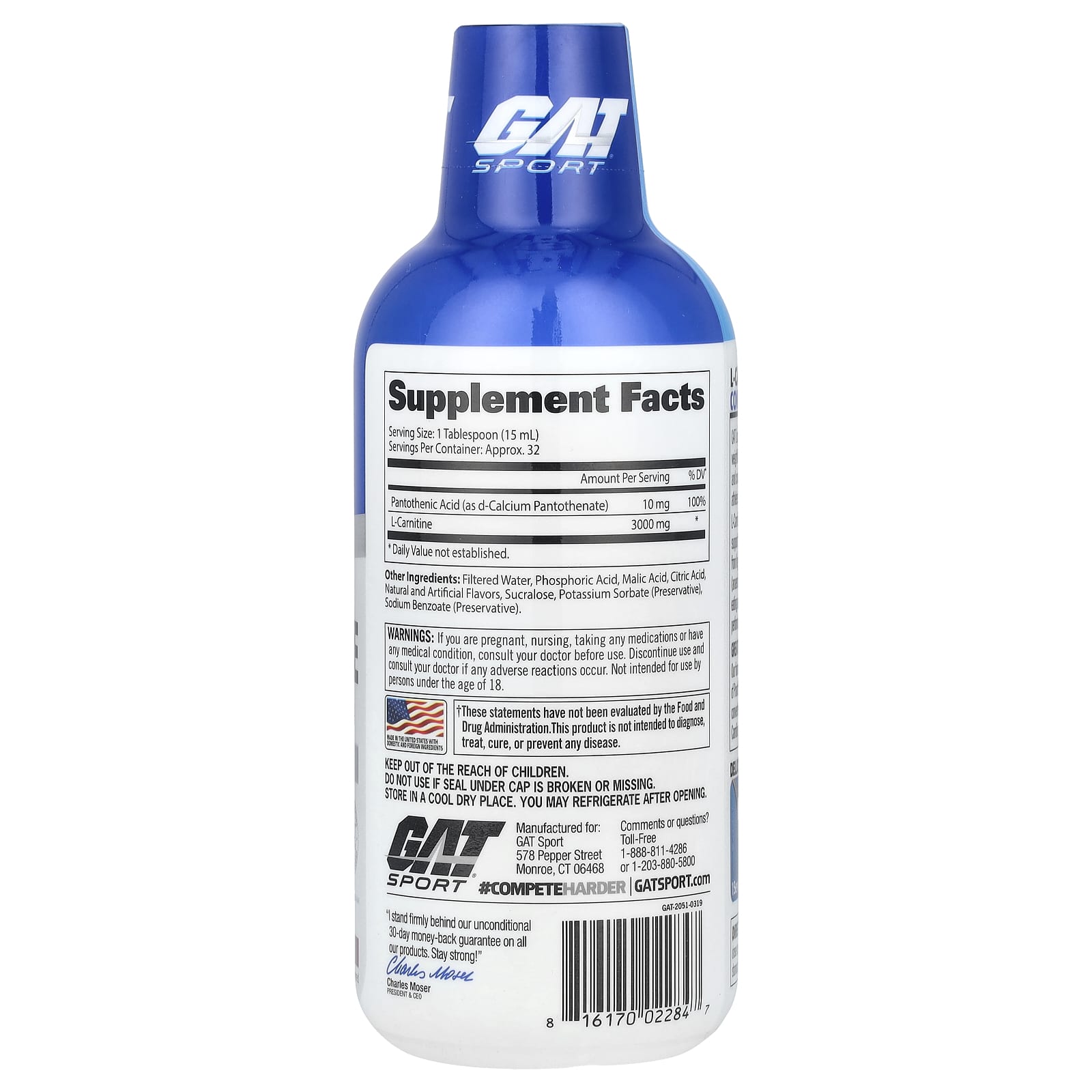 GAT Sport Essentials Liquid L-Carnitine 3000 supplement facts and nutrition panel