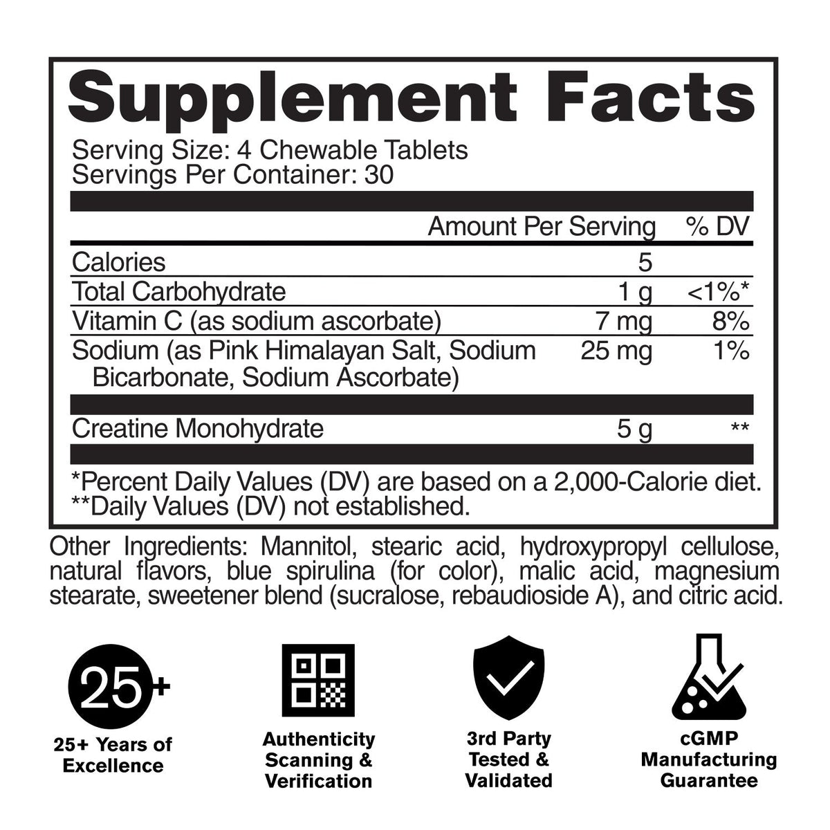 GAT Sport Creatine Chews Blue Raspberry supplement facts and nutrition panel