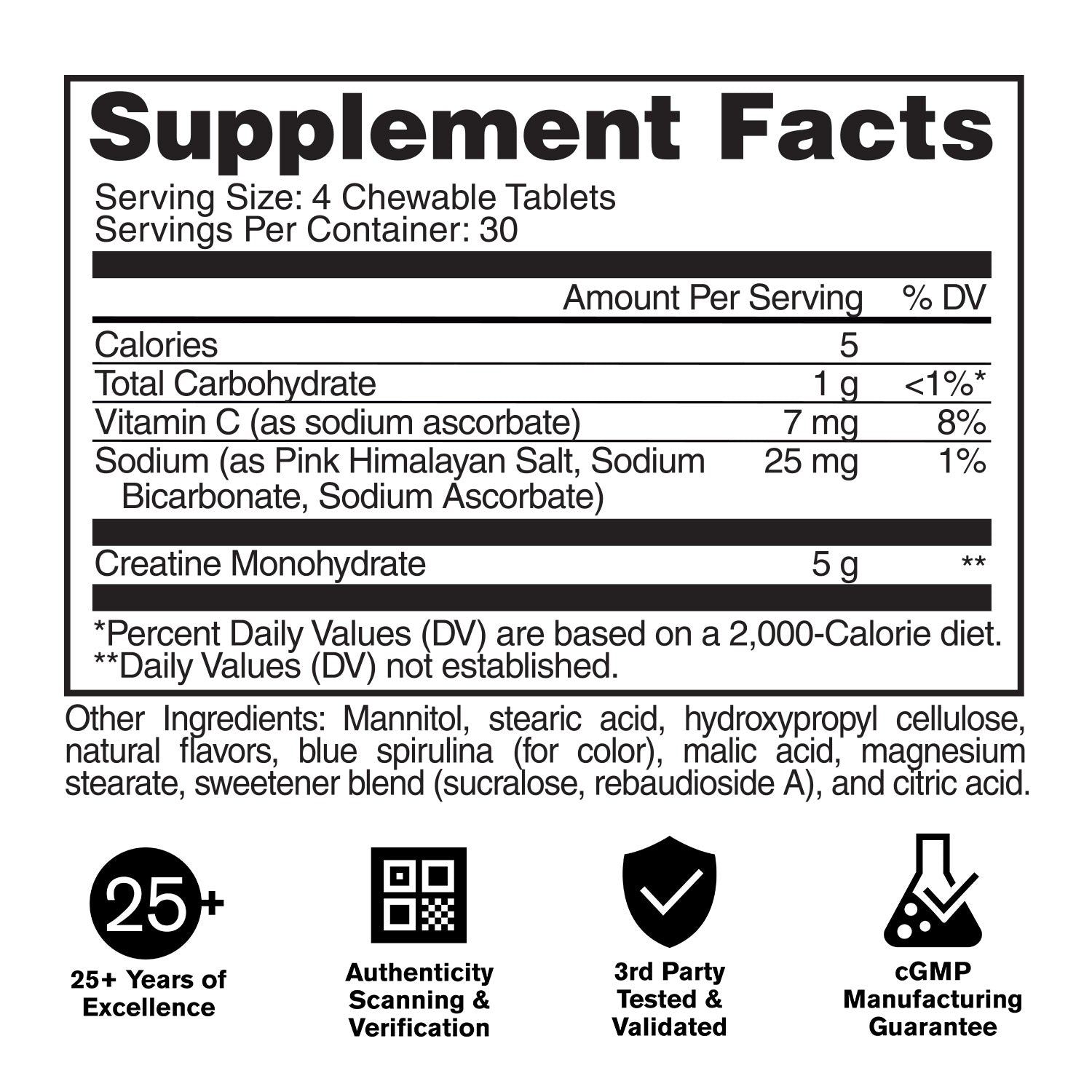 GAT Sport Creatine Chews Blue Raspberry supplement facts and nutrition panel
