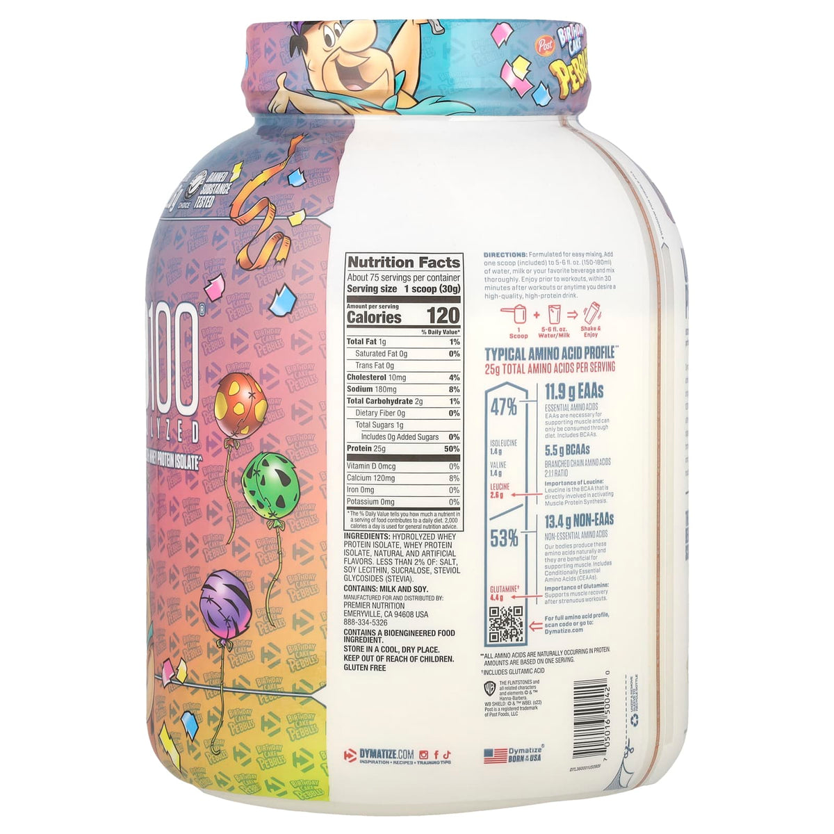 Dymatize Iso 100 Birthday Cake Pebbles supplement facts and nutrition panel