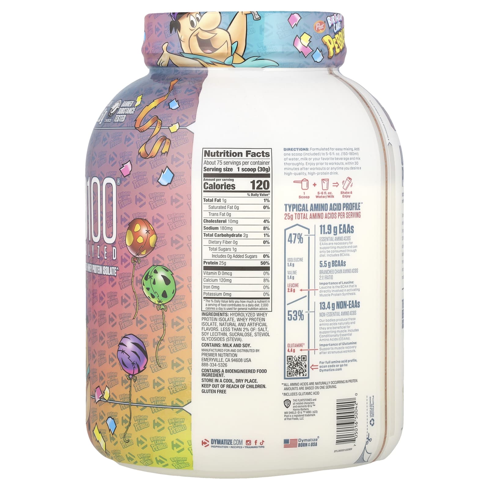 Dymatize Iso 100 Birthday Cake Pebbles supplement facts and nutrition panel